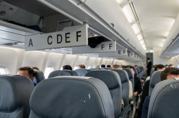 Étiquettes de sièges dans un avion commercial montrant l'absence de la lettre B dans la numérotation