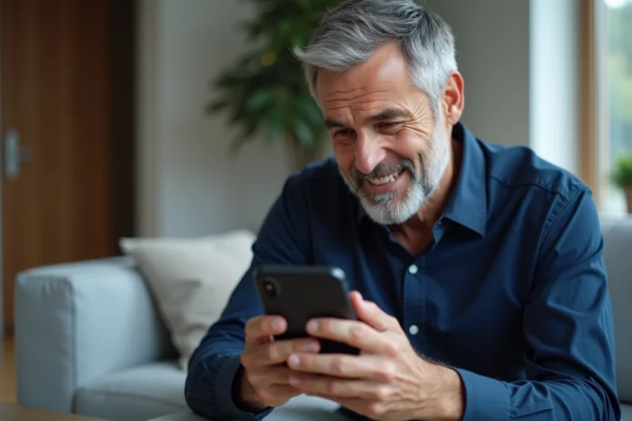 Homme consultant la réinitialisation de son accès MyFoncia sur smartphone dans son salon