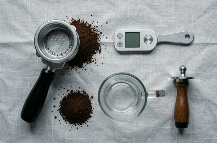 Vue aérienne d'accessoires de machine à expresso disposés sur lin gris : porte-filtre, mouture de café, tasse en verre et tamper vintage