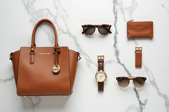 Sélection d'accessoires Michael Kors disposés sur une surface en marbre blanc dans un style éditorial