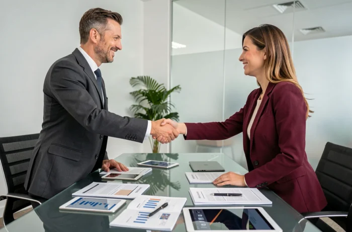 Deux professionnels signant un accord de financement par location pour une entreprise