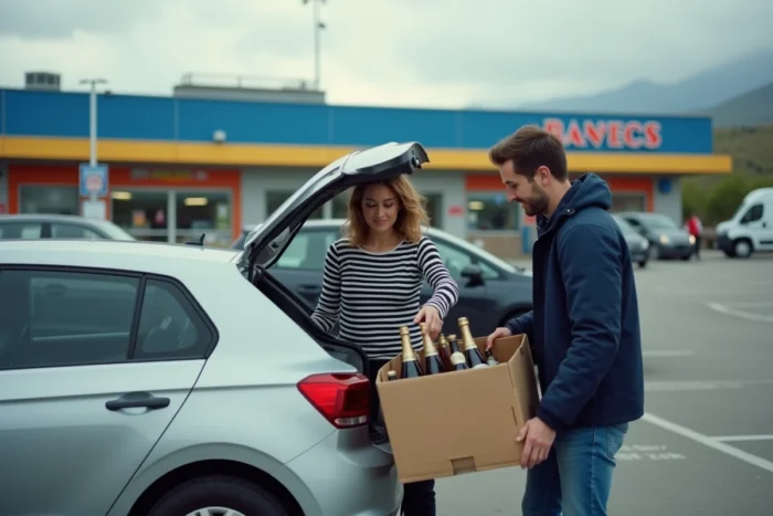 Un couple français charge des bouteilles d'alcool achetées en Espagne dans leur voiture à la frontière