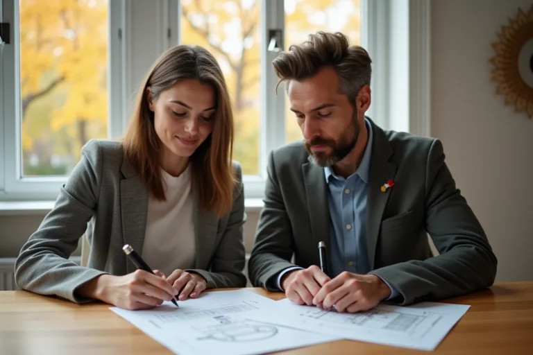 Couple étranger signant des documents immobiliers dans une maison canadienne, illustrant le processus d'achat immobilier au Canada pour les non-résidents