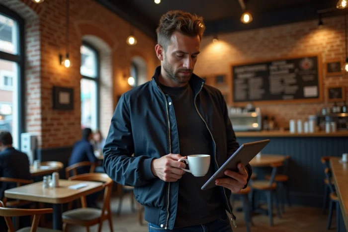 Homme d'une trentaine d'années consultant l'actualité numérique sur une tablette dans un café urbain animé