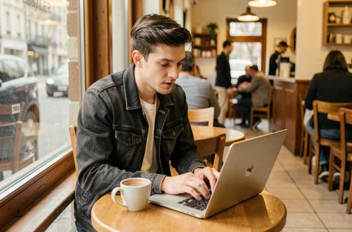 Jeune homme lisant les dernières actualités du web sur son ordinateur portable dans un café chaleureux