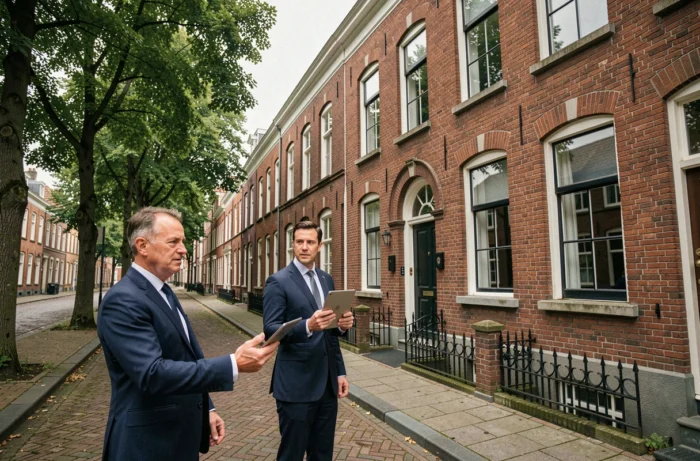 Agent immobilier présentant une maison de rangée belge traditionnelle en briques rouges dans une rue pavée