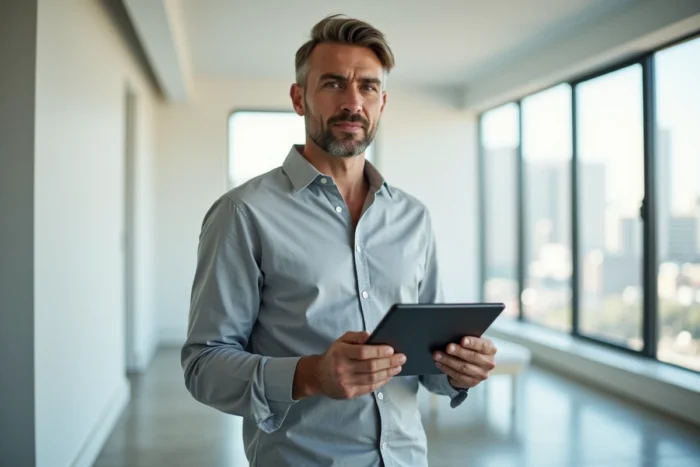 Agent immobilier tenant une tablette affichant une visite virtuelle 360 dans un appartement moderne prêt pour lamaison360