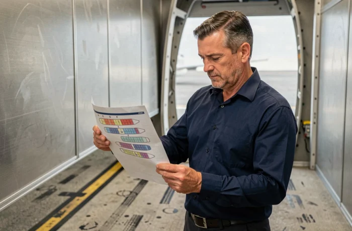 Agent de bord masculin consultant un plan de sièges d'avion sans colonne B dans le couloir d'embarquement