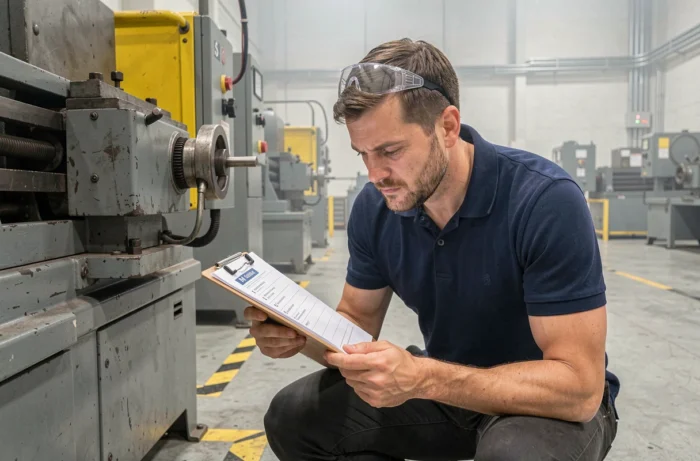 Technicien industriel analysant une checklist des 5M dans un atelier de production pour identifier les causes d'un problème qualité