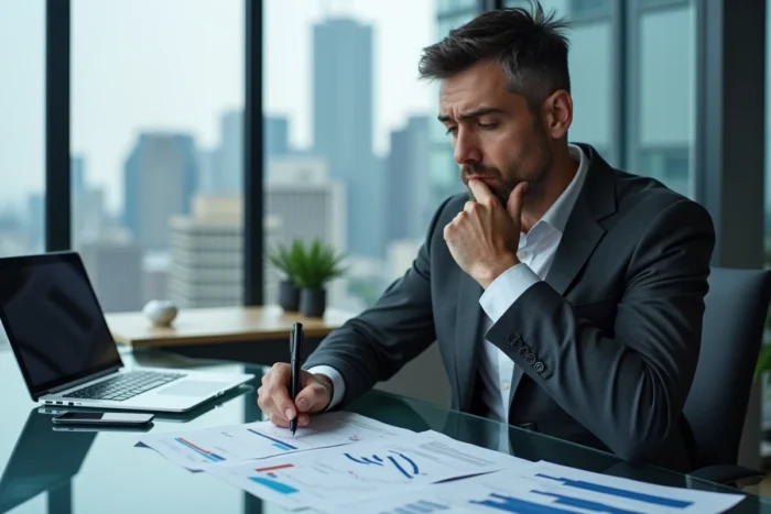 Analyste financier examinant des graphiques de l'indice de confiance Dirvox en baisse dans un bureau d'entreprise moderne