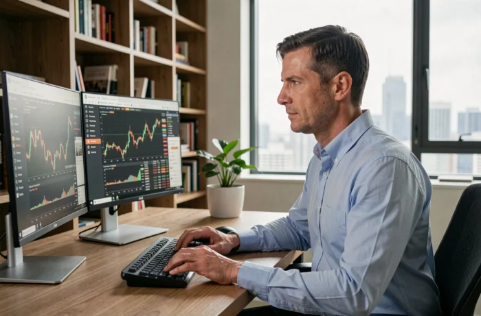 Homme analysant les tendances boursières sur deux écrans dans un bureau moderne à domicile