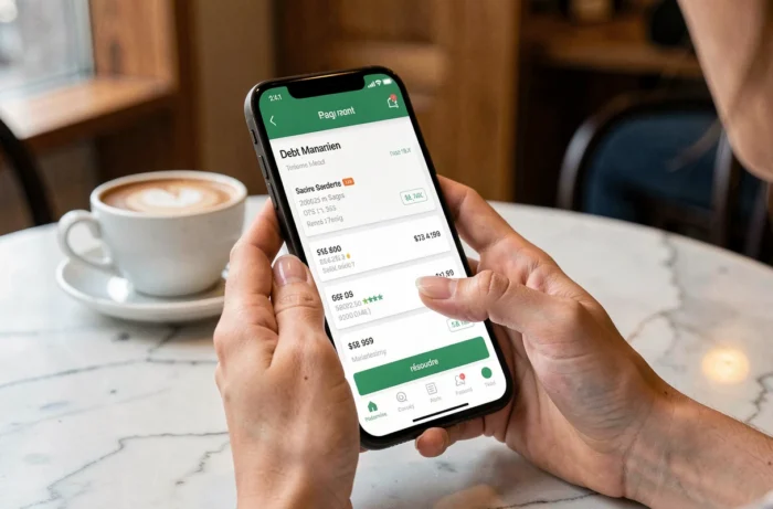 Femme utilisant une application mobile pour régler une facture impayée dans un café urbain