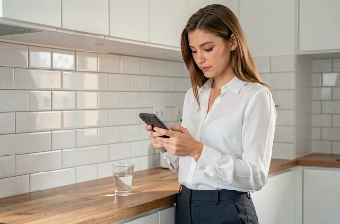 Jeune femme utilisant une application mobile de suivi du temps de travail depuis sa cuisine en télétravail