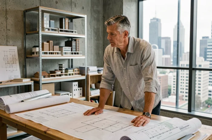 Architecte étudiant des plans de permis de construire dans un studio urbain moderne avec vue sur la ville