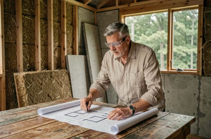 Architecte examinant des plans de maison écologique dans une structure en ossature bois avec isolation en bottes de paille