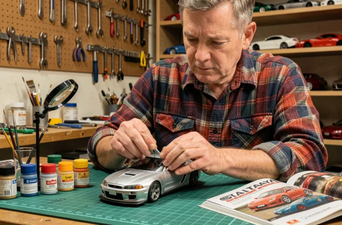 Passionné assemblant une maquette Nissan Skyline GT-R Altaya sur un établi de modélisme avec outils et pièces détaillées