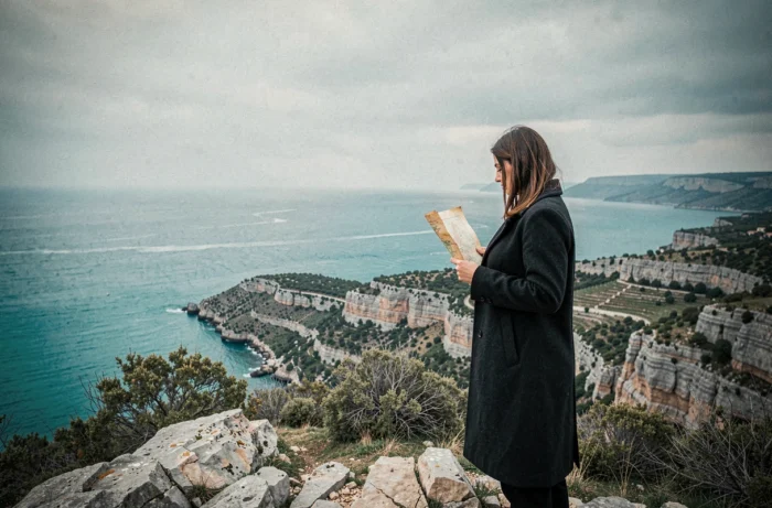 Femme au bord d'une falaise turque tenant une carte ancienne, atmosphère mystérieuse rappelant les thèmes de la saison 4 d'Atiye sur Netflix