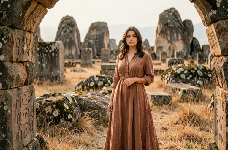 Jeune femme turque en robe en lin devant des ruines archéologiques anatoliennes évoquant la série Atiye saison 4 sur Netflix