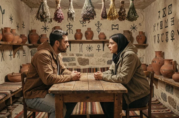 Homme et femme en discussion intense dans une salle aux symboles anciens inspirée de l'univers mystique de la série turque Atiye sur Netflix