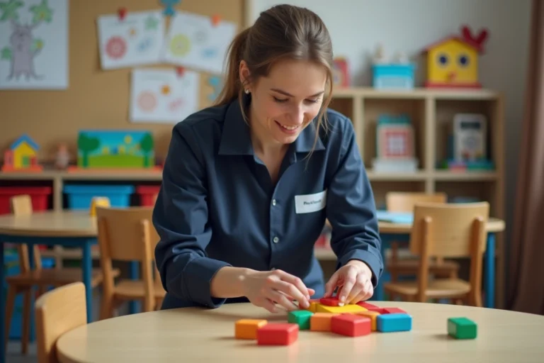 ATSEM en uniforme bleu marine aidant un enfant à manipuler des cubes en bois dans une salle de classe maternelle française