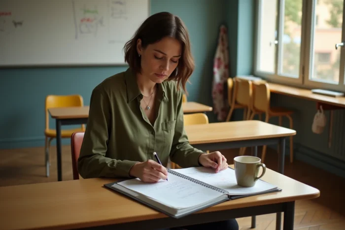 ATSEM assise à son bureau en fin de journée révisant son planning administratif dans une salle de classe maternelle vide