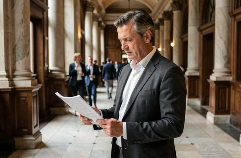 Avocat français en costume gris consultant des documents juridiques dans un couloir de palais de justice parisien
