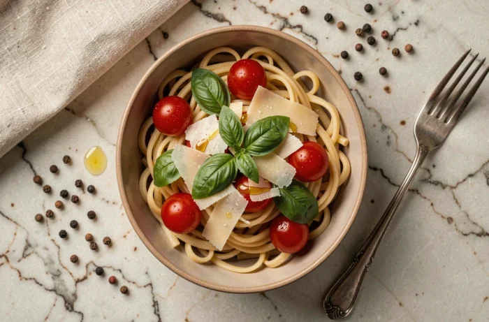 Vue du dessus d'un bol de pâtes maison garnies de tomates cerises, basilic frais et parmesan sur marbre