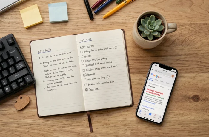 Bureau avec carnet de notes SEO, smartphone affichant une erreur 404 Google et checklist de correction