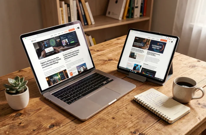 Bureau à domicile avec ordinateur portable et tablette affichant des actualités digitales et tendances tech sur le site Wype