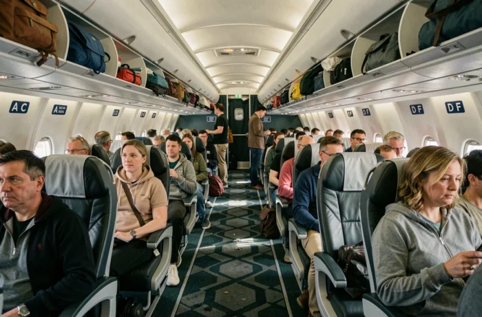 Vue intérieure d'une cabine d'avion commercial montrant la disposition des sièges sans la lettre B