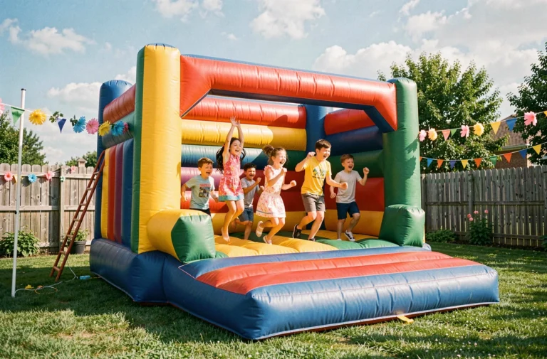 Château gonflable coloré installé dans un jardin lors d'une fête d'anniversaire pour enfants