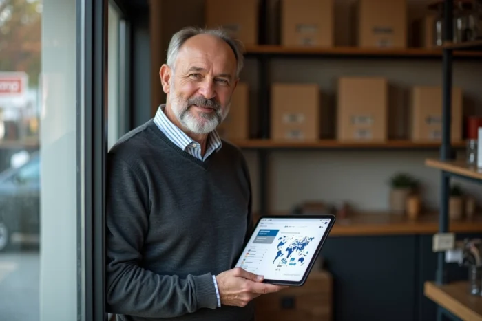 Chef de petite entreprise consultant une plateforme B2B innovante sur tablette dans son bureau arrière-boutique