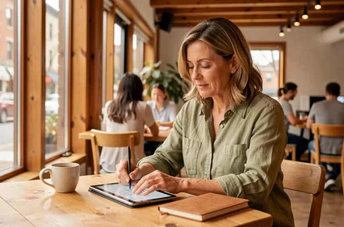 Cheffe d'entreprise rédigeant une newsletter sur une tablette dans un espace de coworking chaleureux