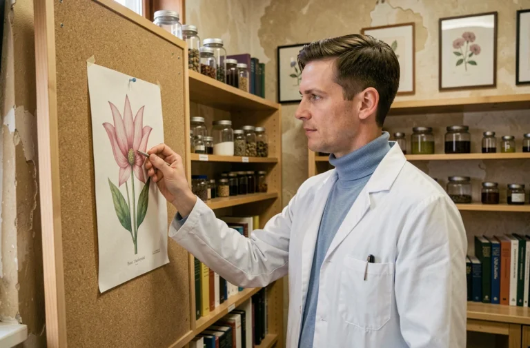 Chercheuse en blouse blanche examinant une illustration botanique d'une fleur hermaphrodite dans un laboratoire universitaire