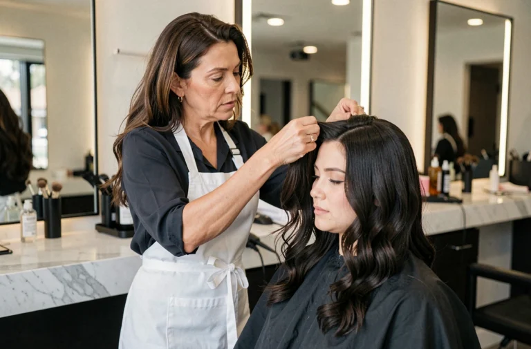 Coiffeuse professionnelle analysant la forme du visage d'une cliente dans un salon de coiffure moderne