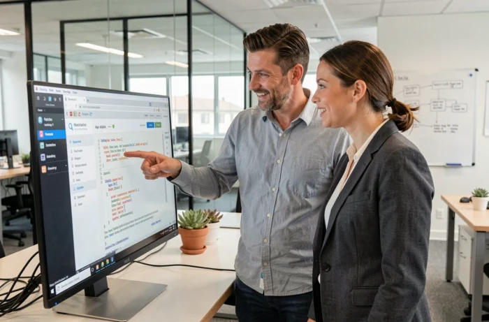 Deux collègues consultant une documentation en ligne sur un écran dans un bureau tech moderne