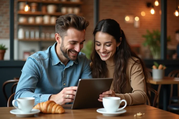 Deux collègues discutant de stratégies pour progresser à Cemantix autour d'une tablette dans un café