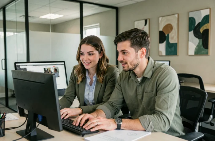 Deux collègues analysant ensemble du contenu en ligne sur un ordinateur de bureau dans un bureau moderne