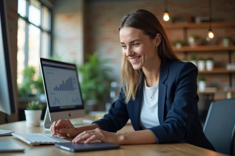 Community manager analysant des statistiques de réseaux sociaux sur un écran dans un bureau moderne
