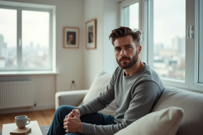 Homme posé et souriant dans un appartement contemporain, illustrant la vie intime et personnelle du compagnon de Yoann Usai