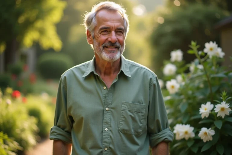 Portrait discret d'un homme élégant dans un jardin botanique luxuriant, compagnon de célébrité aux côtés de Stéphane Marie
