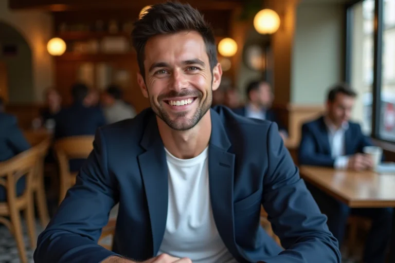 Portrait d'un homme élégant souriant dans un café parisien, illustrant la vie privée et le compagnon de Yoann Usai