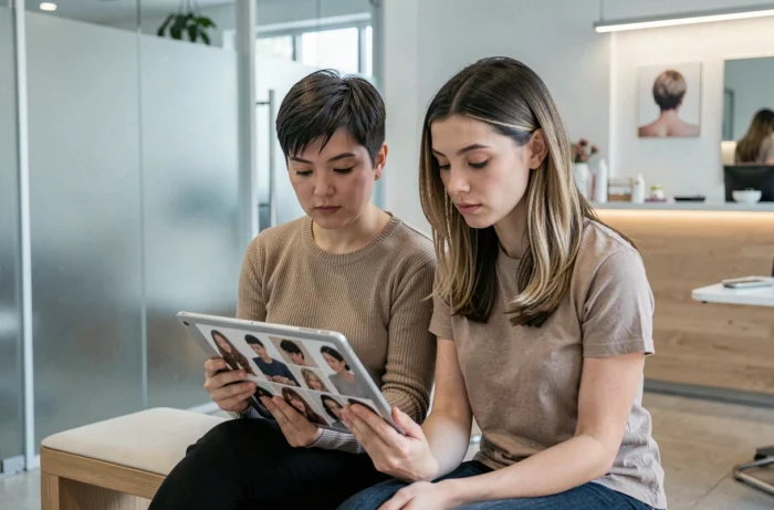Deux femmes aux formes de visage différentes comparant des idées de coiffures sur une tablette en salon