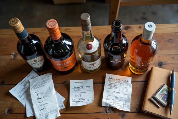 Comparaison des prix de l'alcool entre la France et l'Espagne avec bouteilles et tickets de caisse