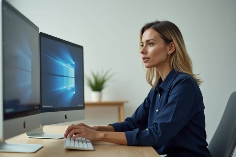 Femme professionnelle comparant les versions SFR Mail sur deux écrans dans un bureau moderne