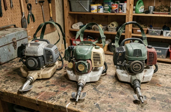 Comparatif de trois débroussailleuses thermiques posées côte à côte sur un établi en bois dans un atelier de jardin