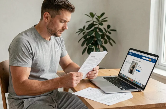 Un homme chez lui consulte les conditions d'utilisation d'un abonnement Basic Fit sur ordinateur portable