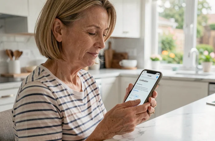 Femme recevant une confirmation de transfert de mail CAF sur son smartphone dans sa cuisine