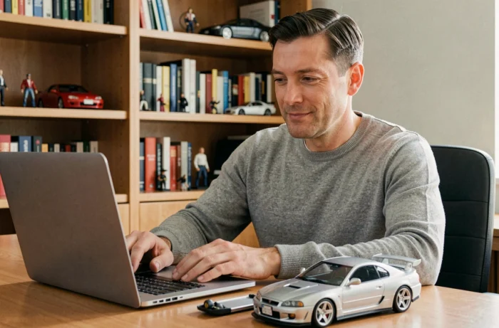 Homme connecté à son compte Altaya sur un ordinateur portable avec une maquette de Nissan Skyline GT-R posée sur le bureau