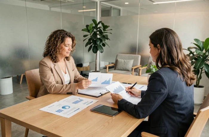 Femme consultant un conseiller financier dans un bureau moderne pour planifier et optimiser la gestion de son patrimoine